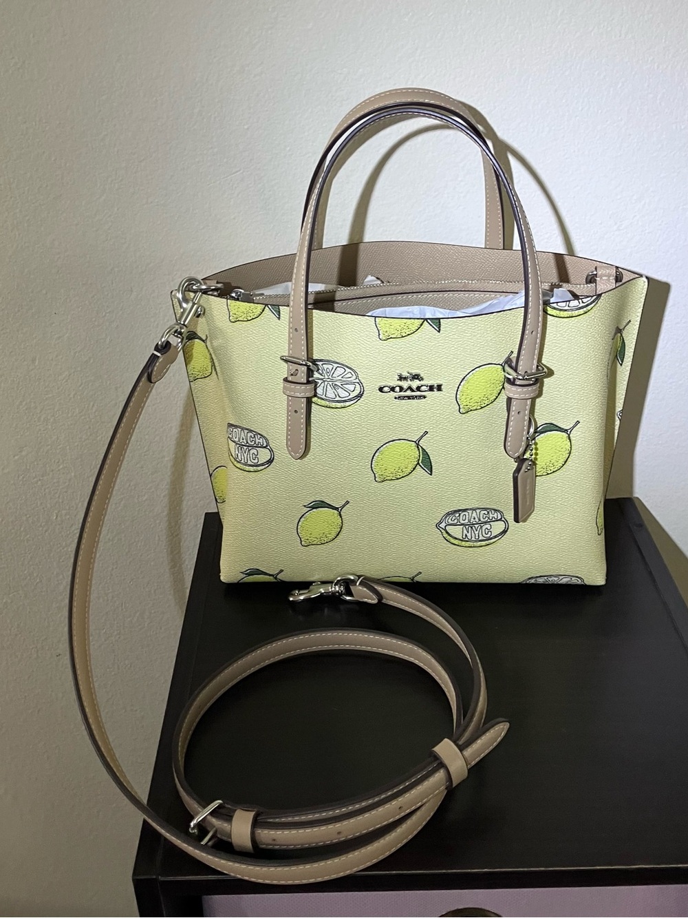Coach Lemon Print Crossbody Tote in Yellow and Tan